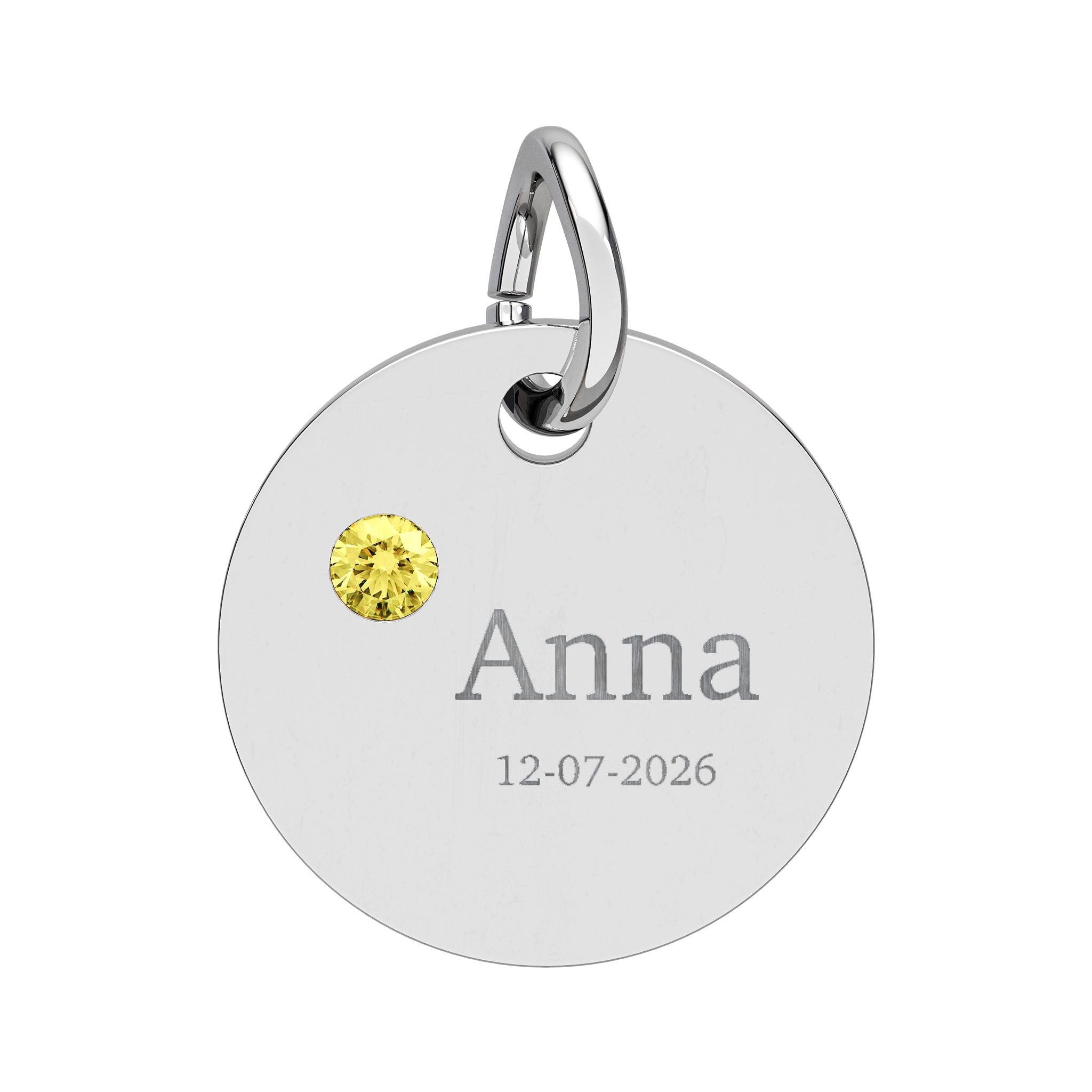 Personalised Circle Birthstone Charm, Serif Font, stainless steel with Topaz birthstone