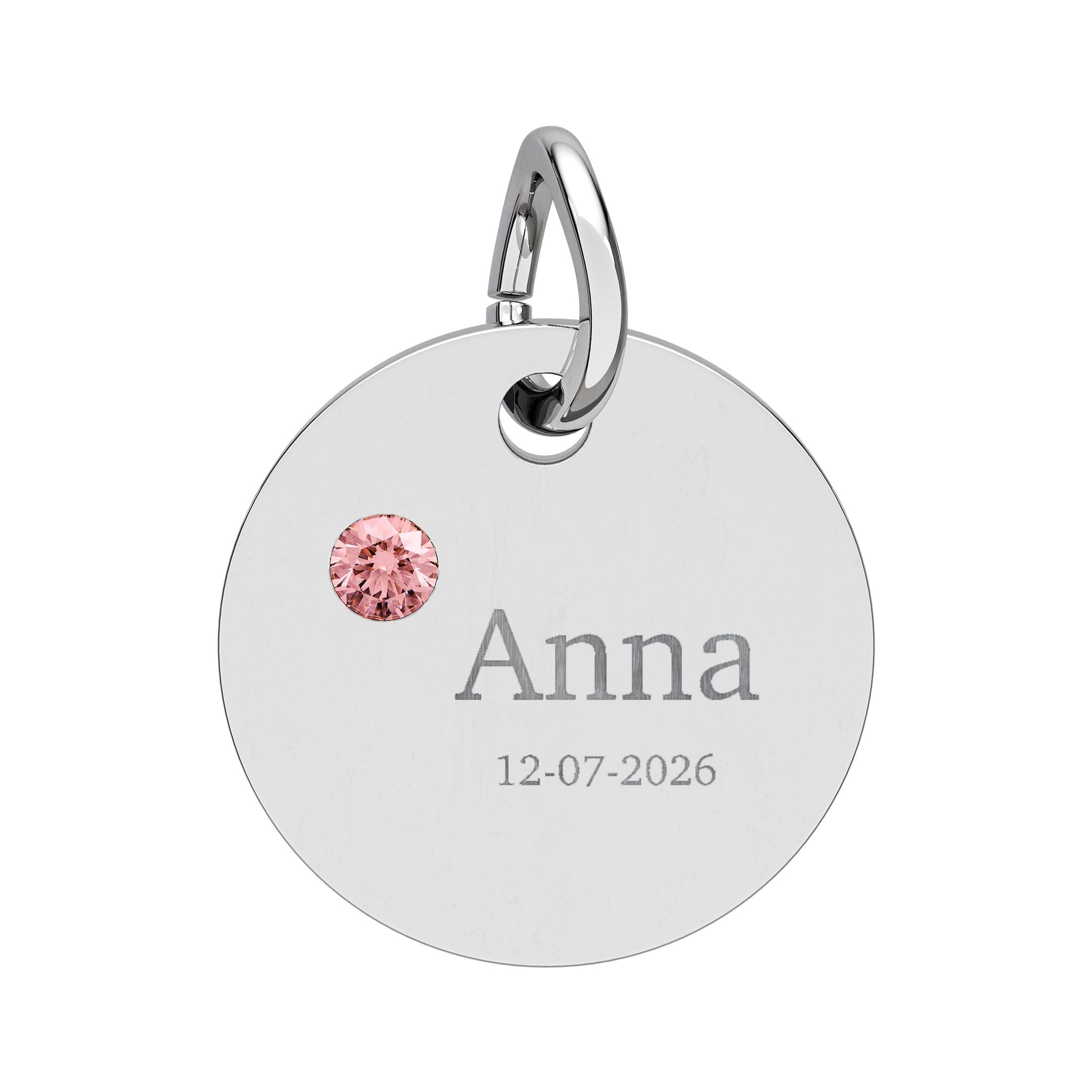 Personalised Circle Birthstone Charm, Serif Font, stainless steel with Tourmaline birthstone