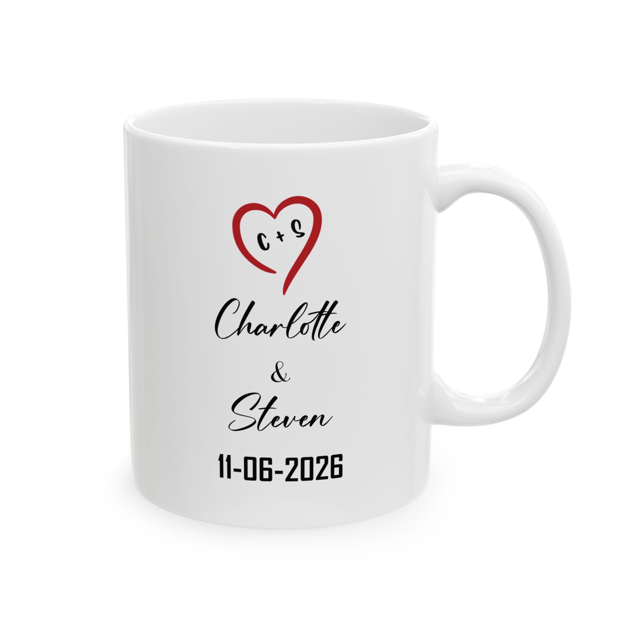 Personalised couple mug with custom names, date, and heart initials, main view