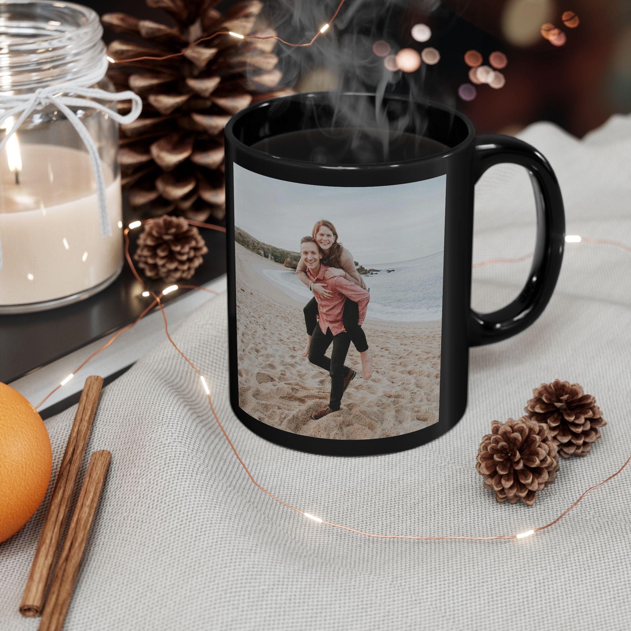 Custom couple photo black mug - angled view