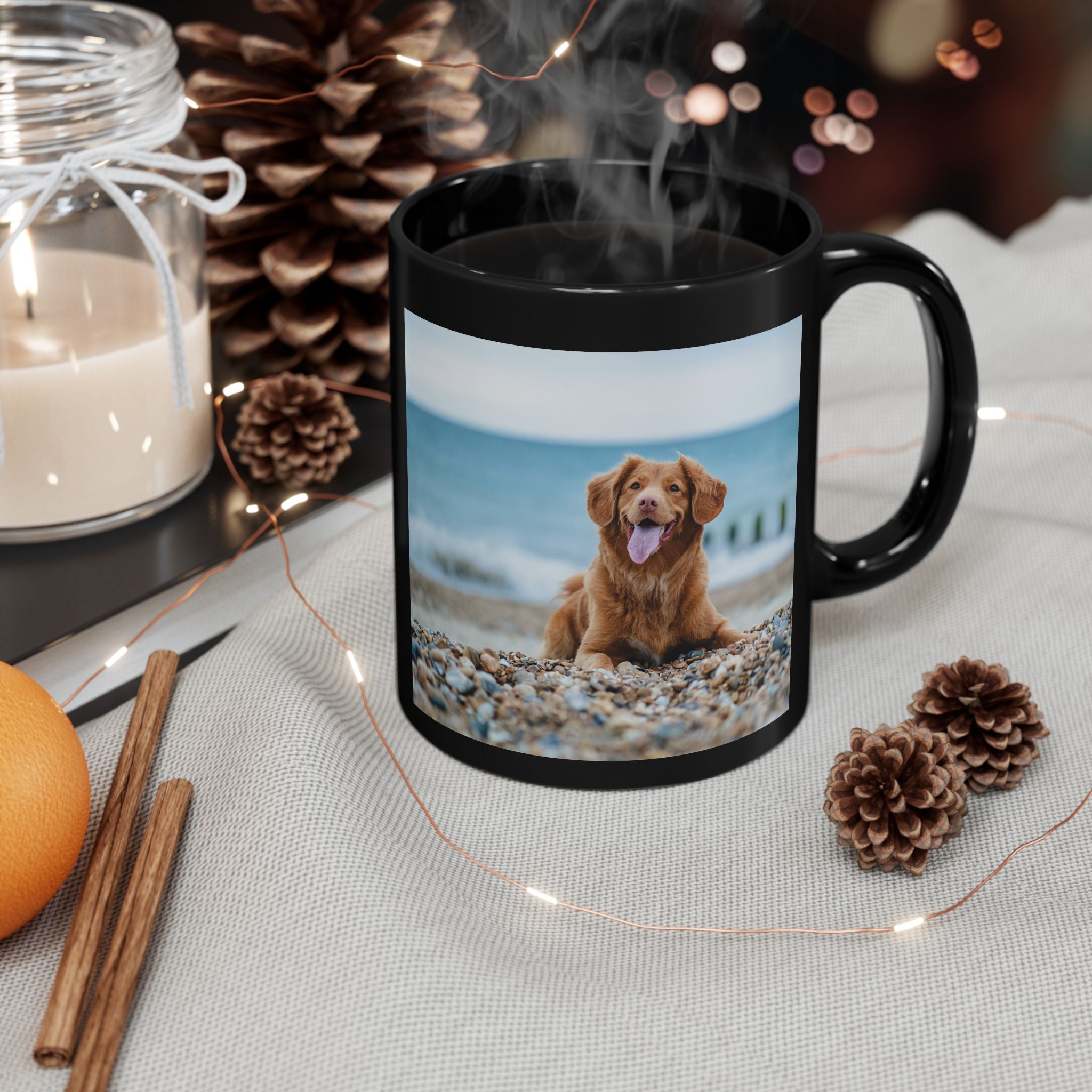 Custom dog photo black mug - angled view