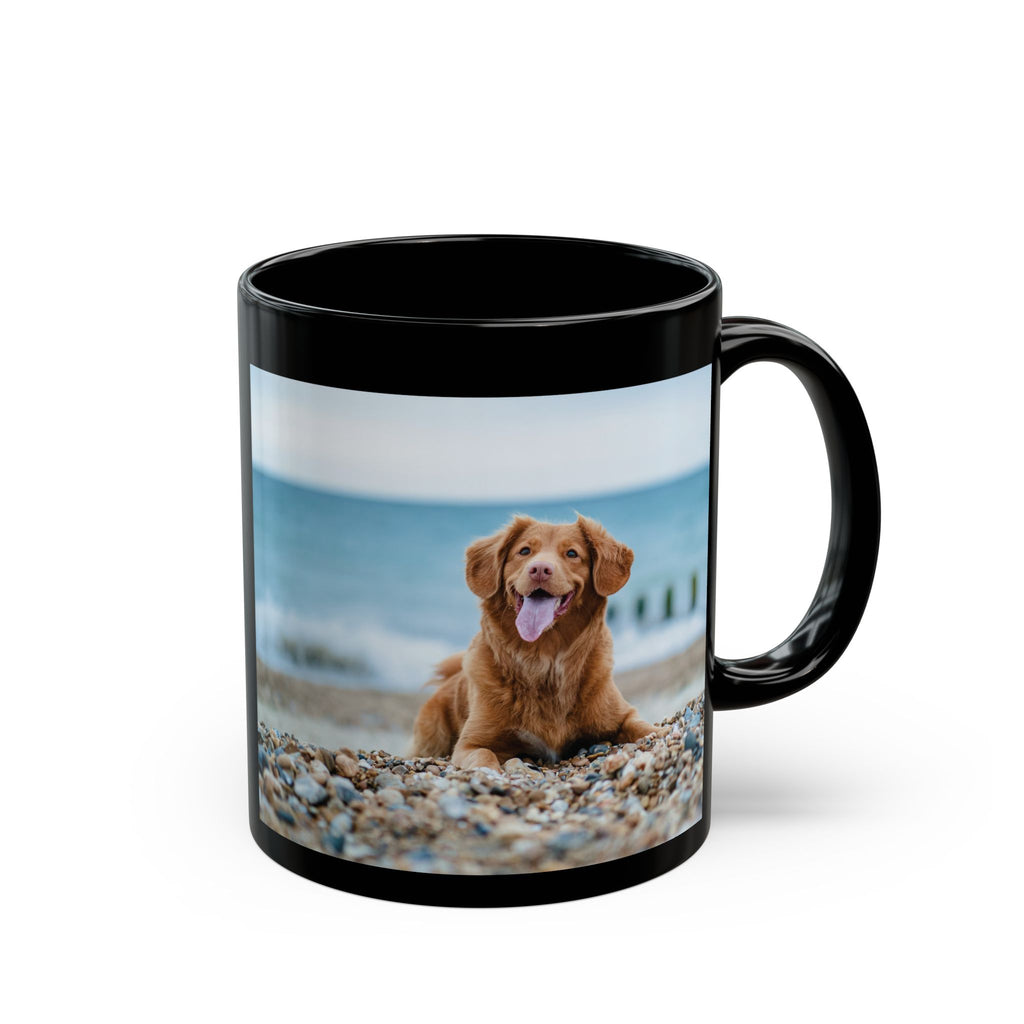 Custom dog photo black ceramic mug - front view
