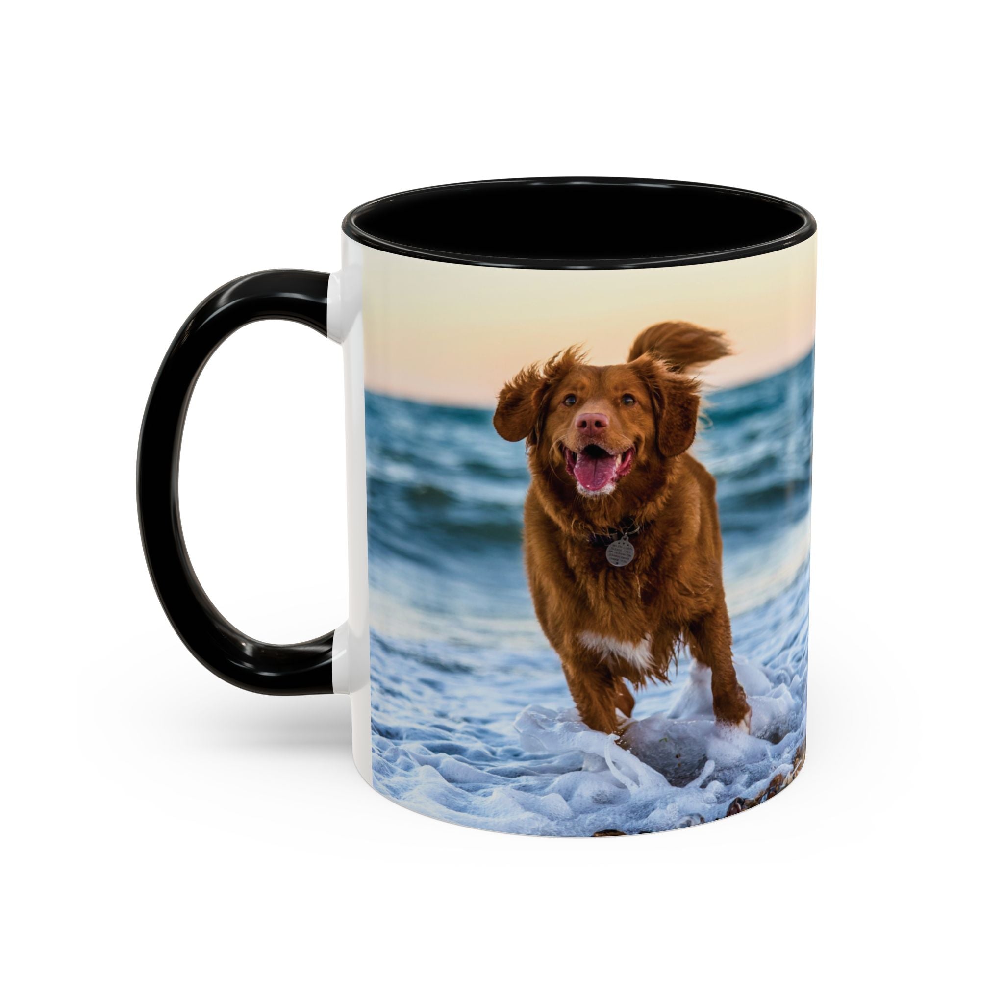 Custom pet photo mug with full-bleed dog beach photo print
