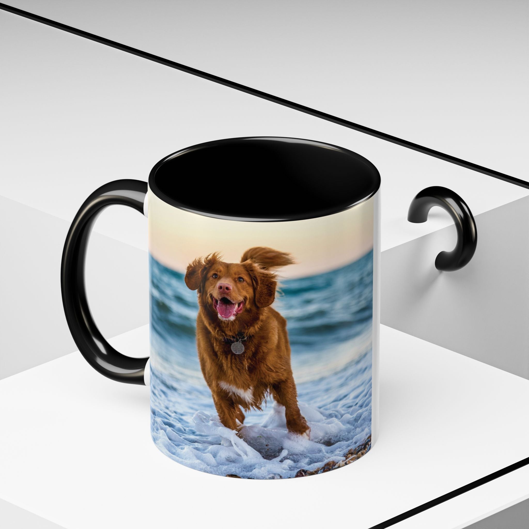 Custom photo mug on a kitchen counter