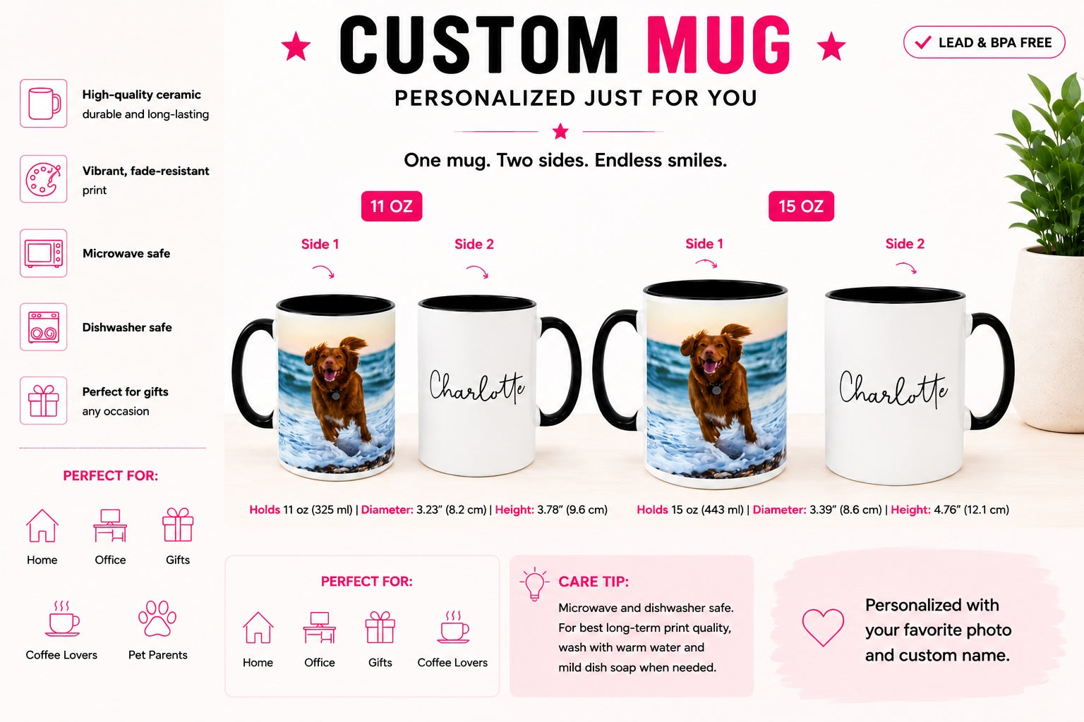 11oz and 15oz custom pet photo mug size comparison with personalisation