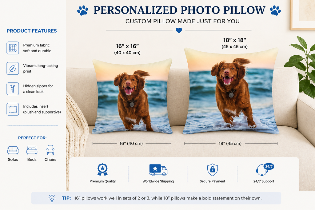 16x16 and 18x18 custom pet photo pillow size comparison on sofa