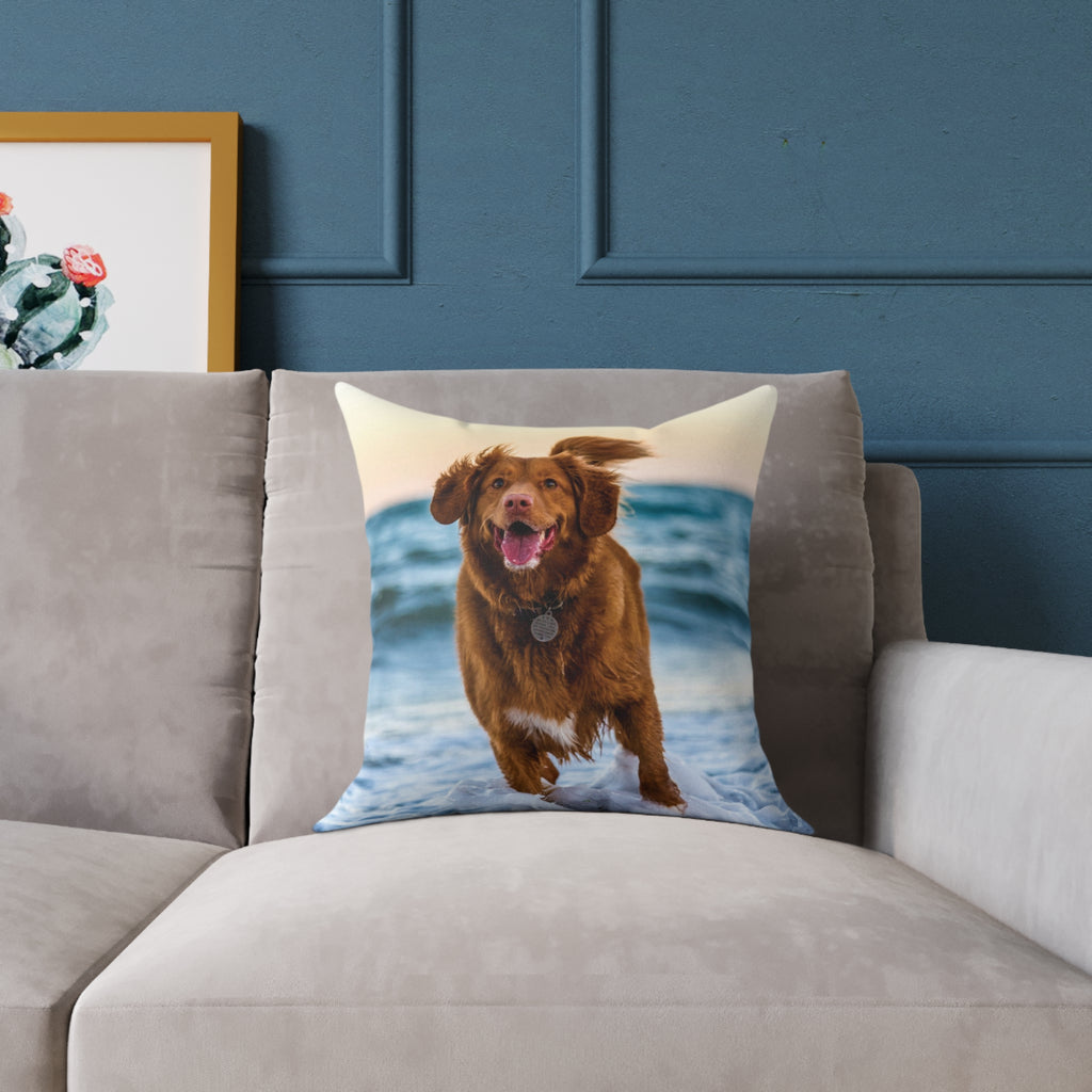 Custom photo pillow displayed on a sofa – pet lover gift idea