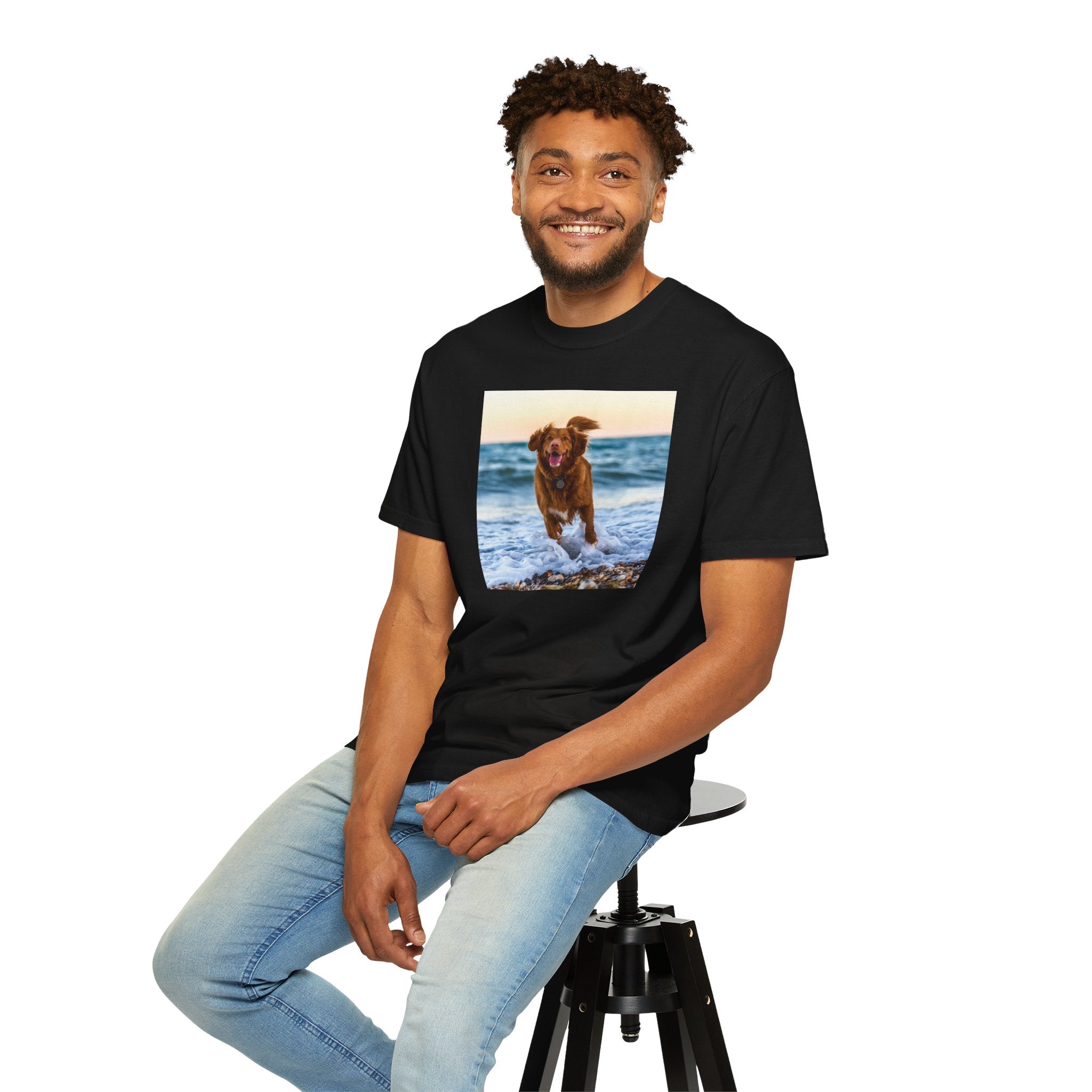 Back view of personalised photo garment dyed T-shirt
