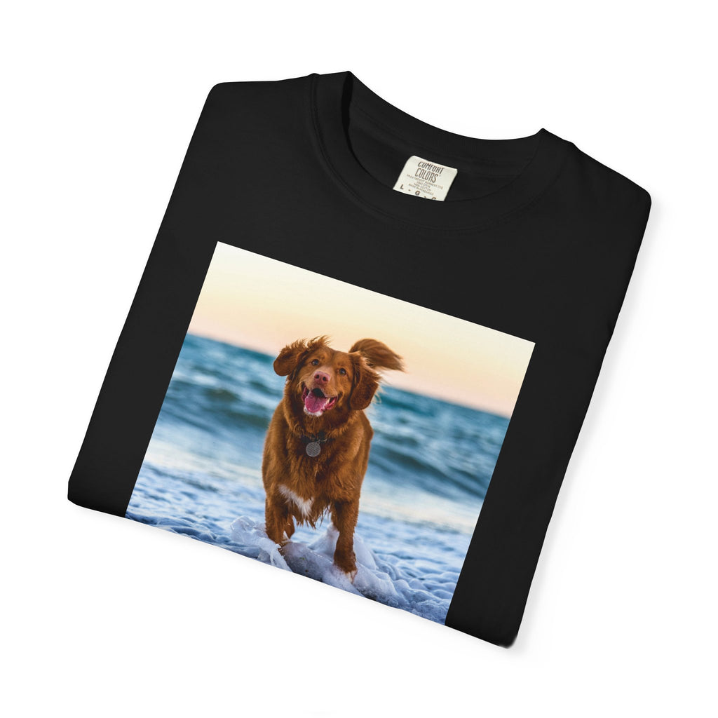 Close-up of photo print quality on black personalised T-shirt