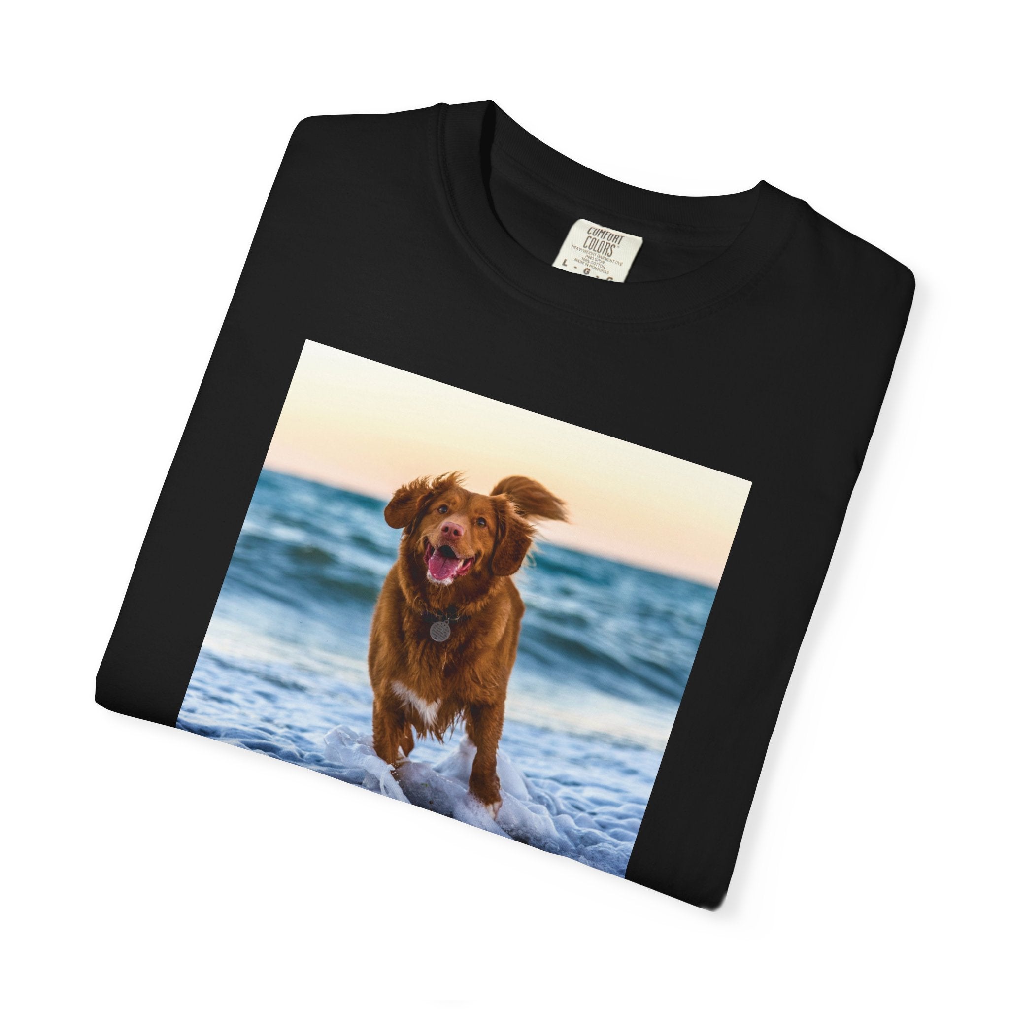 Close-up of photo print quality on black personalised T-shirt