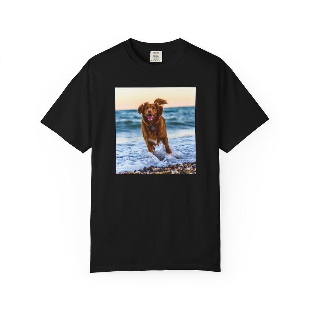 Custom photo T-shirt with pet photo printed on black garment dyed tee