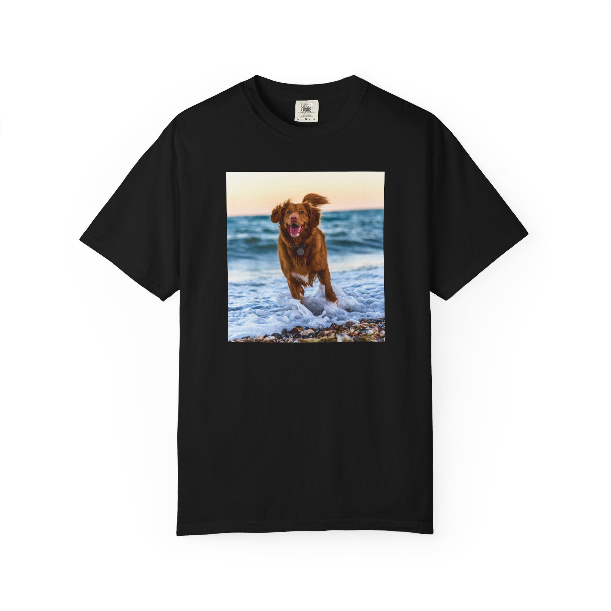 Custom photo T-shirt with pet photo printed on black garment dyed tee