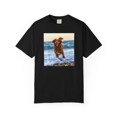Custom photo T-shirt with pet photo printed on black garment dyed tee