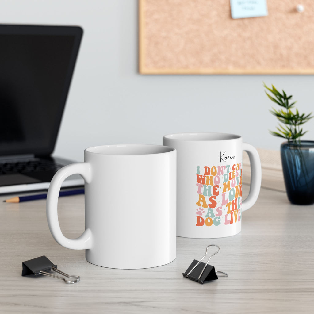 Personalised As Long As the Dog Lives mug on desk - lifestyle photo
