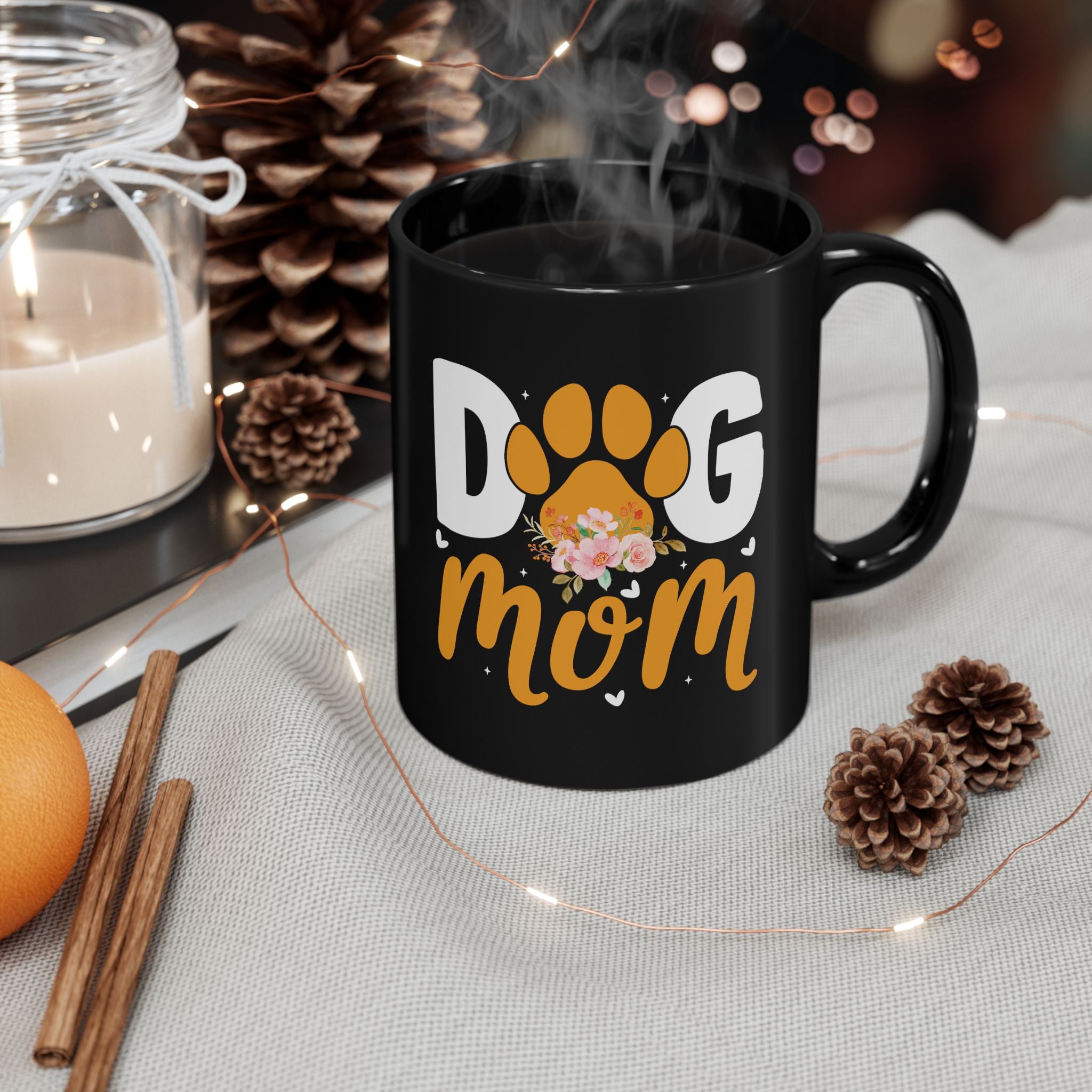 Dog Mom custom name black mug in cosy setting - lifestyle photo