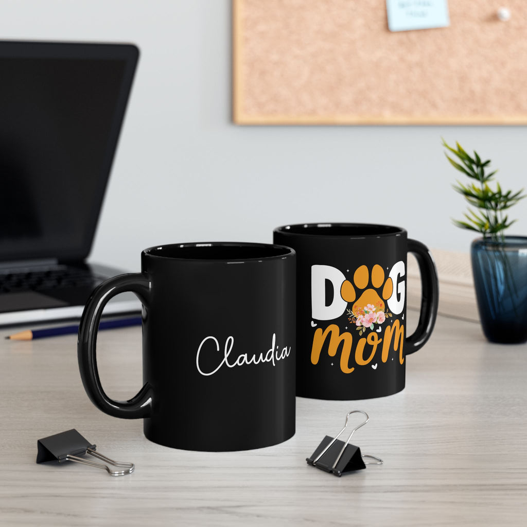 Personalised Dog Mom black mug on desk - lifestyle photo