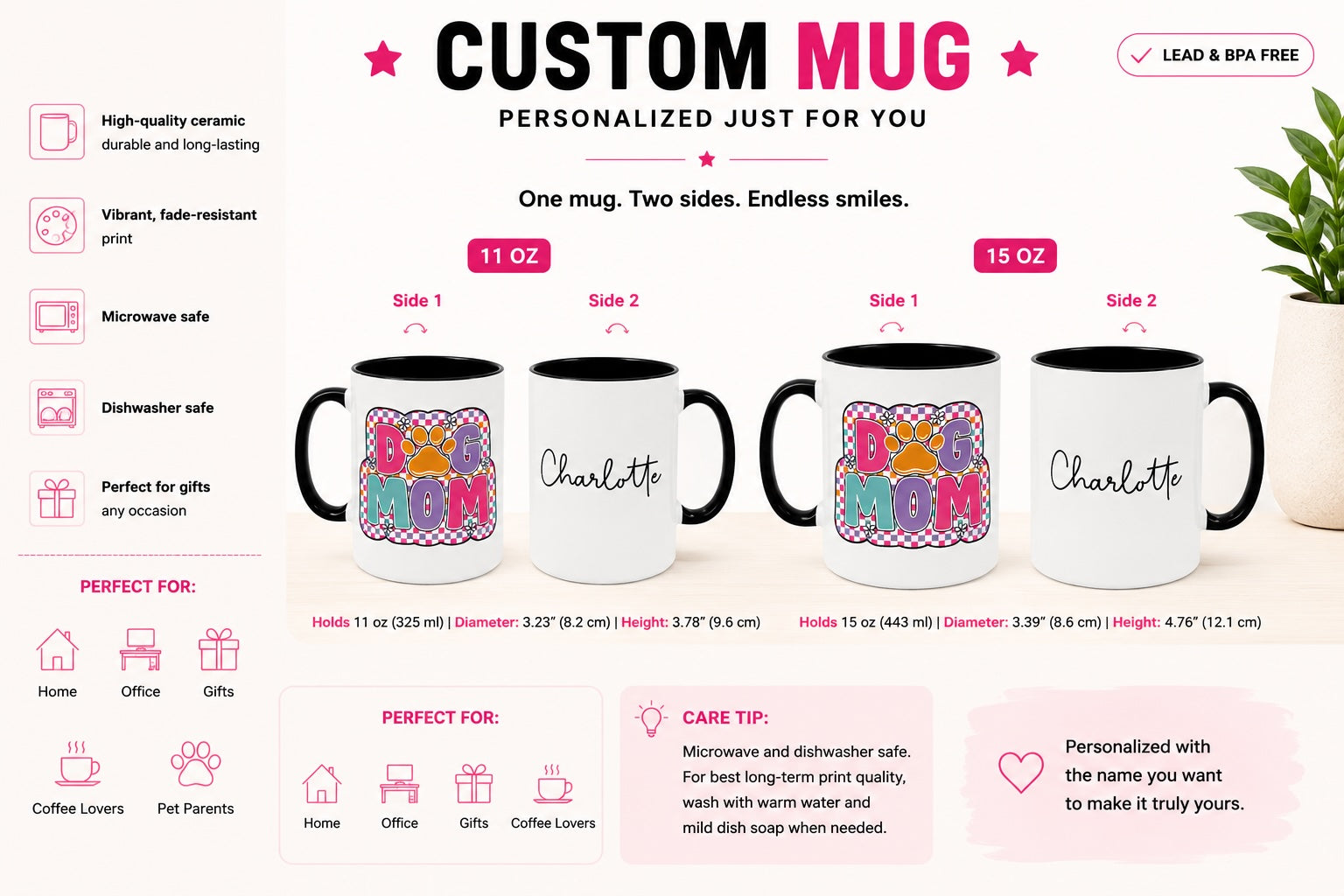 Dog Mom mug with custom name on reverse side, two sizes shown
