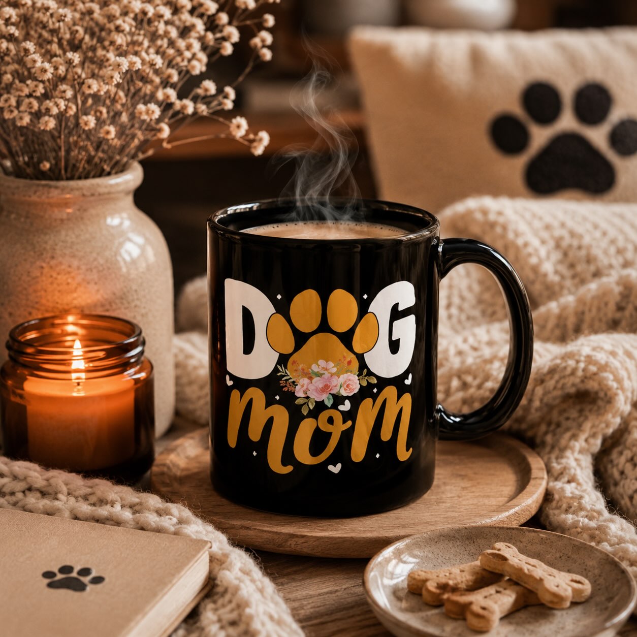 Dog Mom black mug with bold paw print design, styled with candle, dried flowers, and dog treats