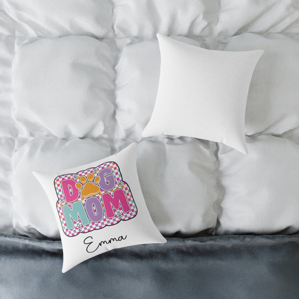 Custom name Dog Mom cushion in a bedroom setting
