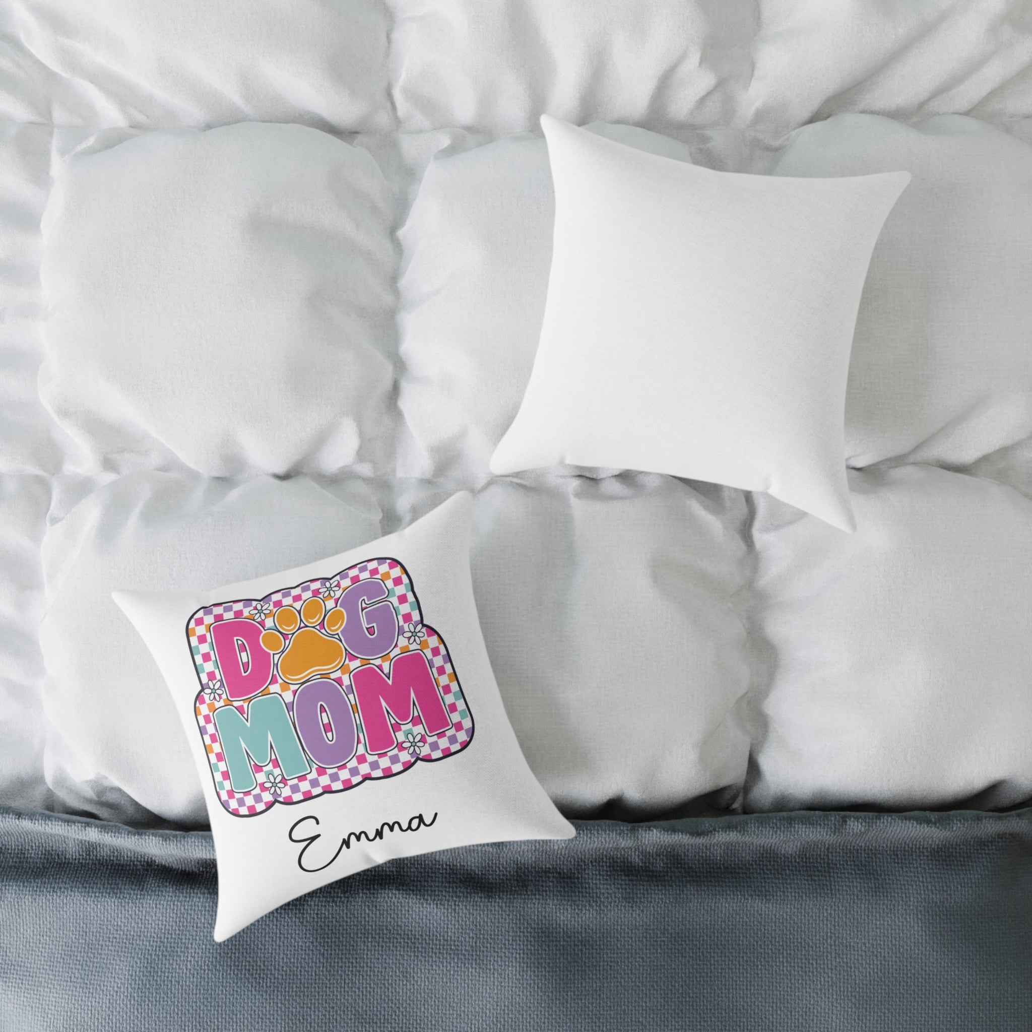 Custom name Dog Mom cushion in a bedroom setting