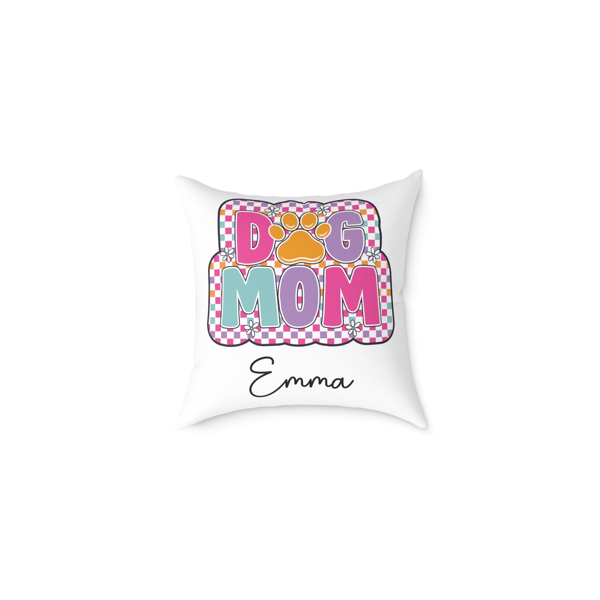 Personalised Dog Mom pillow with custom name in retro checkered design