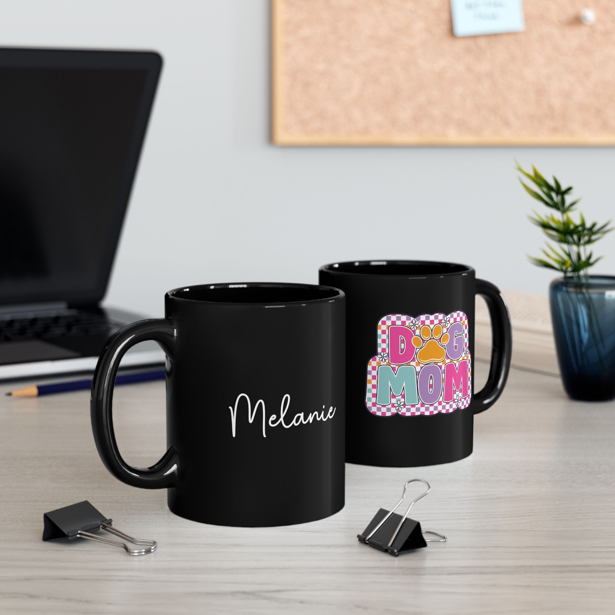 Dog Mom retro black mug on desk - lifestyle