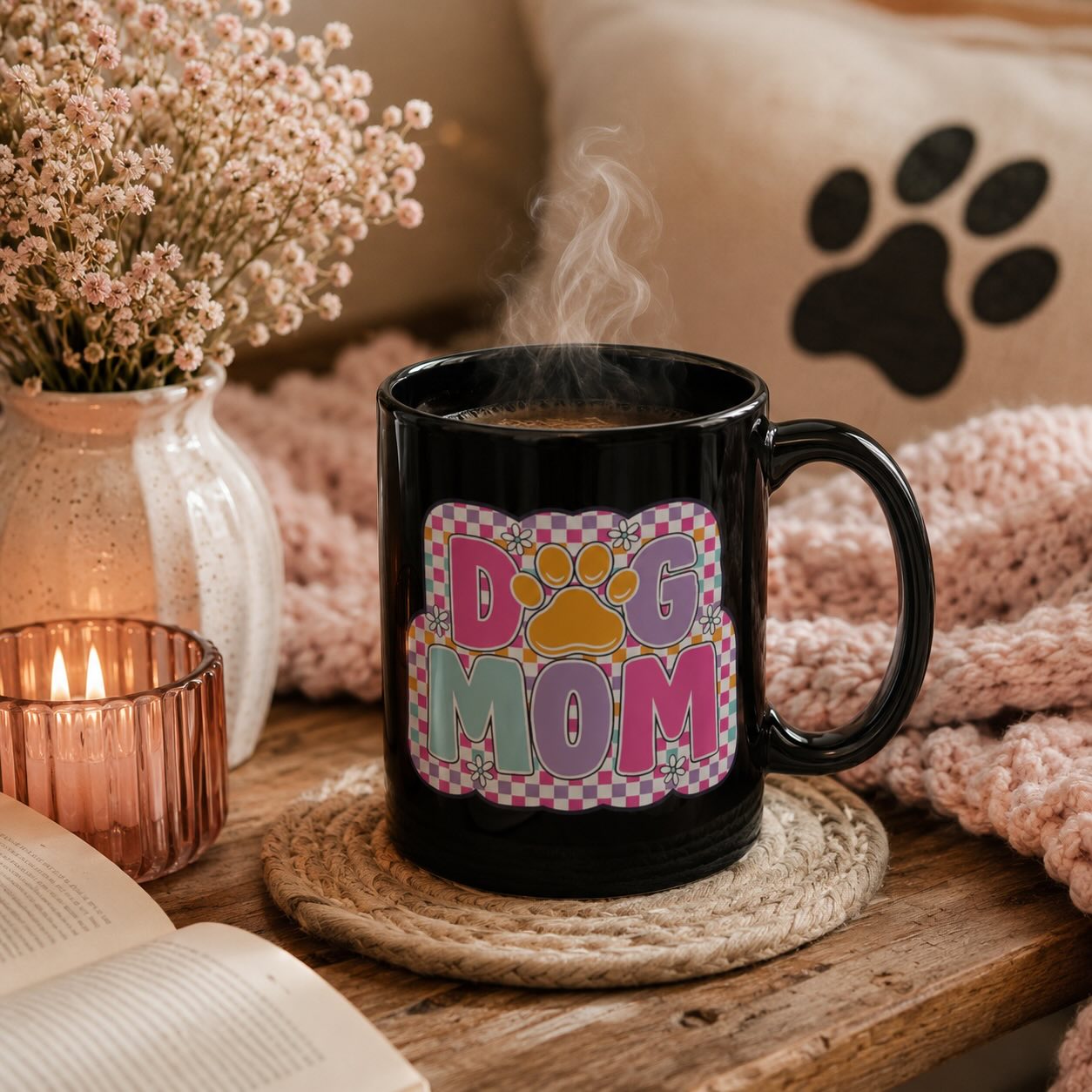Dog Mom retro checkerboard black mug styled with pink dried flowers, candle, book, and paw print pillow