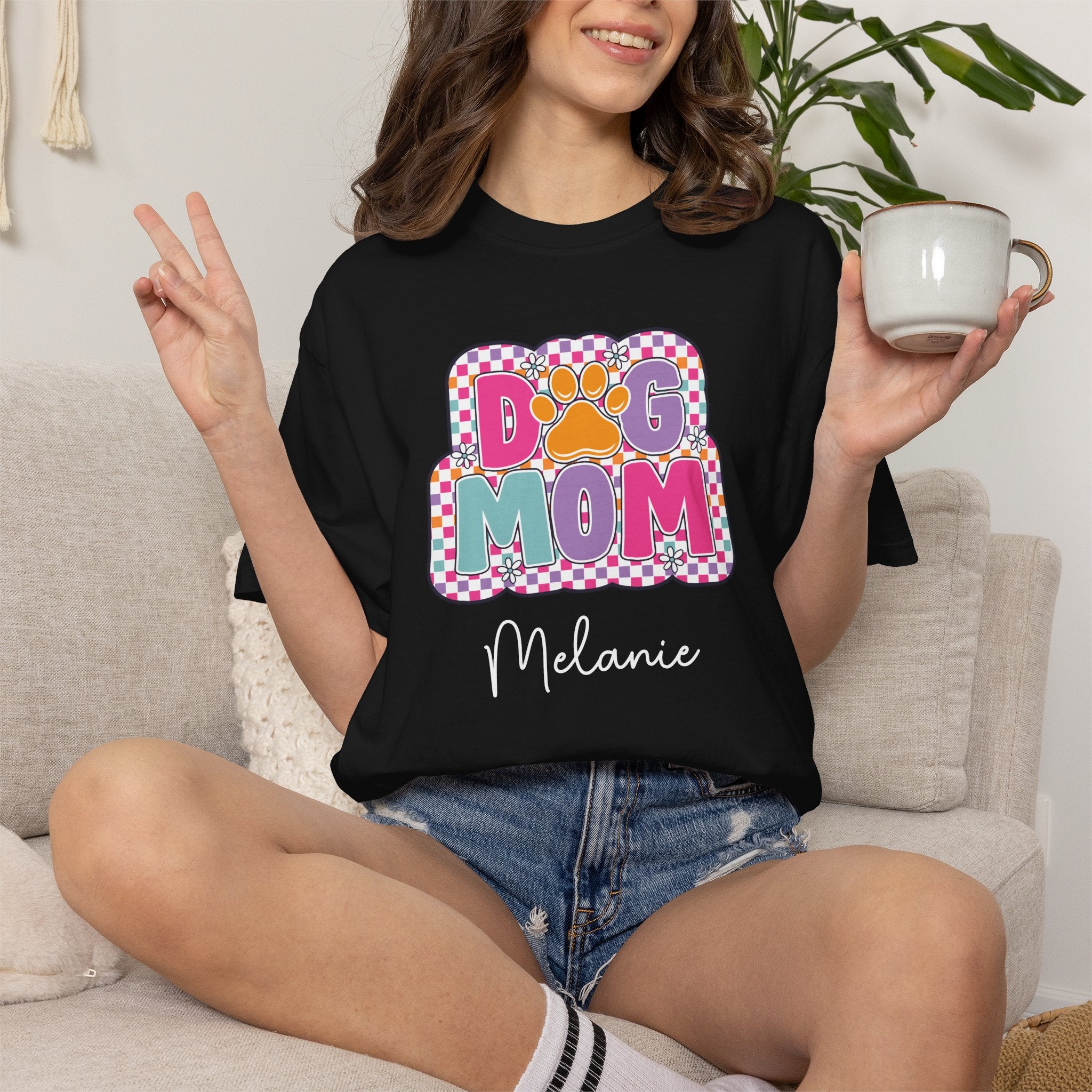 Personalised Dog Mom retro tee worn outdoors - lifestyle photo