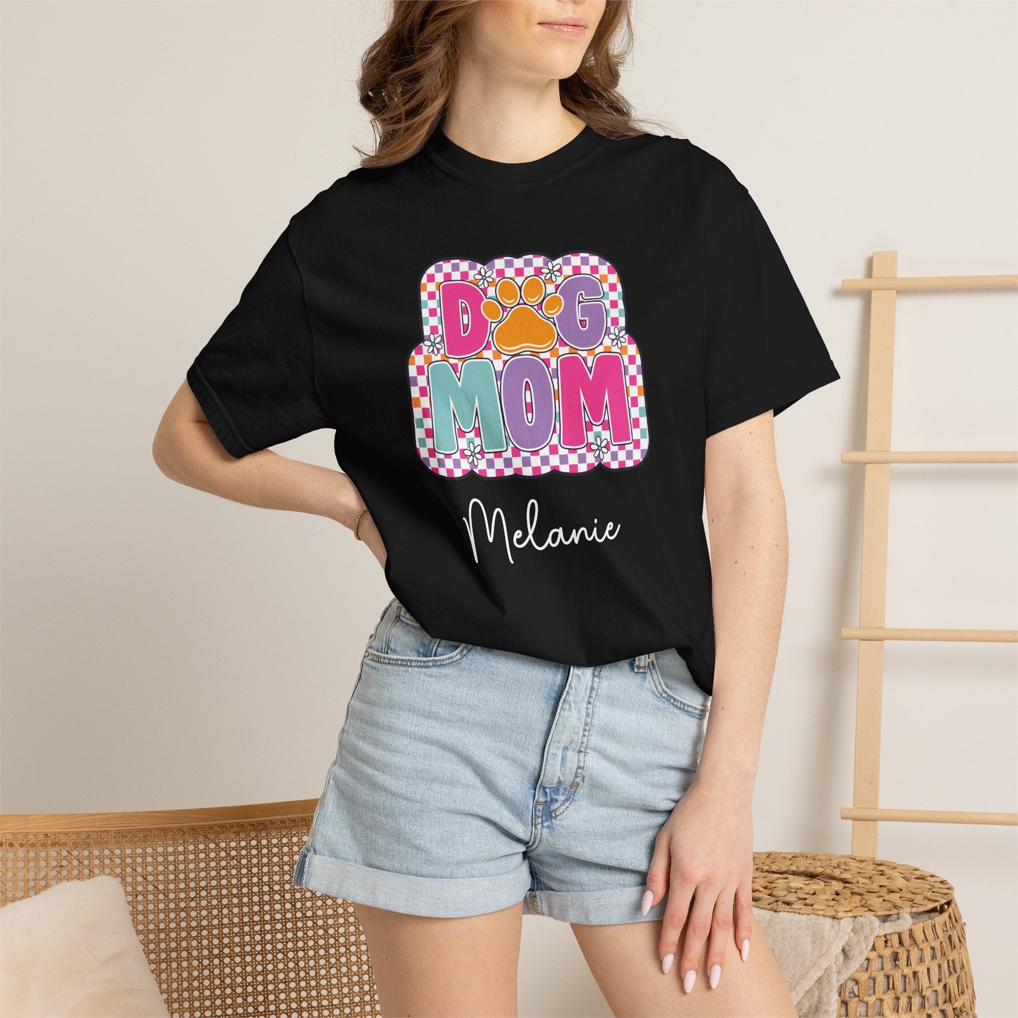 Woman wearing personalised Dog Mom T-shirt - lifestyle photo