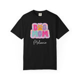 Personalised Dog Mom T-shirt with custom name retro checkerboard design - front view