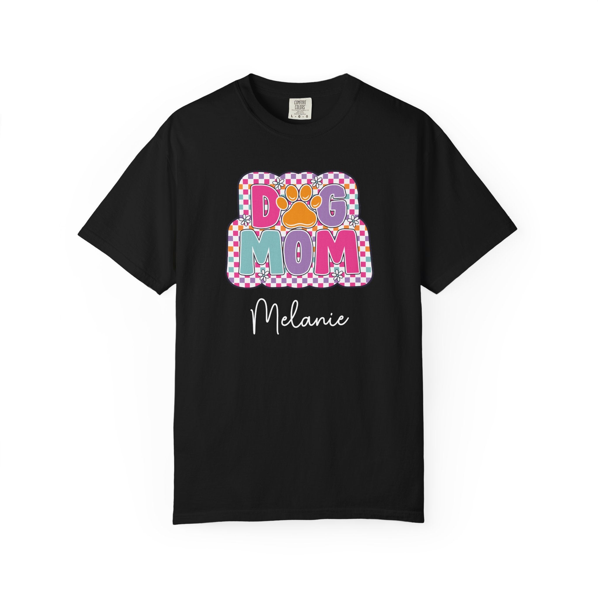 Personalised Dog Mom T-shirt with custom name retro checkerboard design - front view