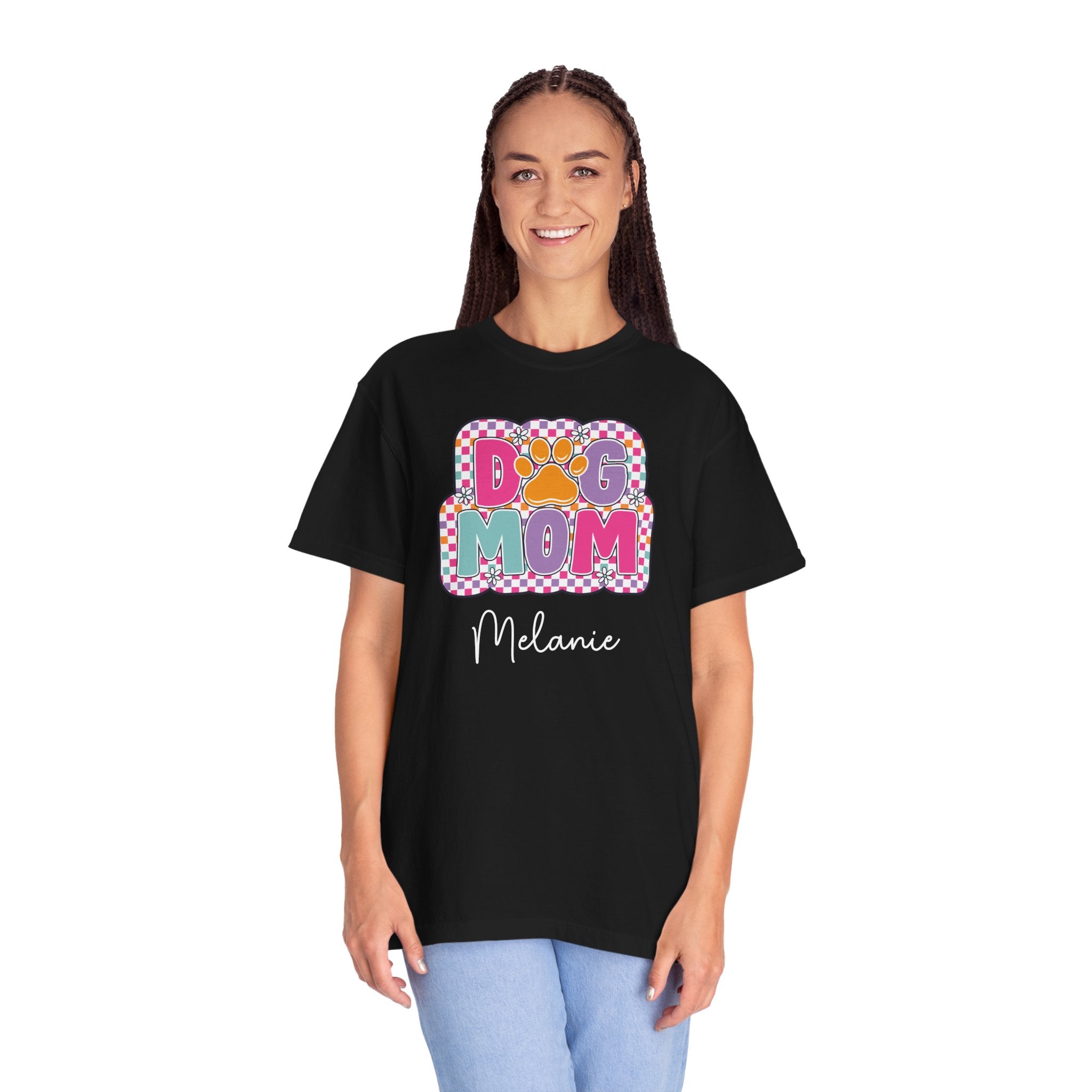 Dog Mom custom name T-shirt size chart