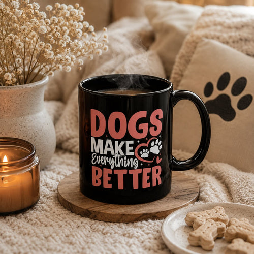 Dogs Make Everything Better black mug styled with candle, dried flowers, dog treats, and paw print pillow