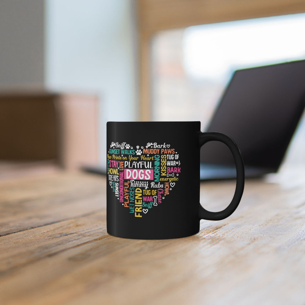 Dogs word heart colourful design detail on black mug