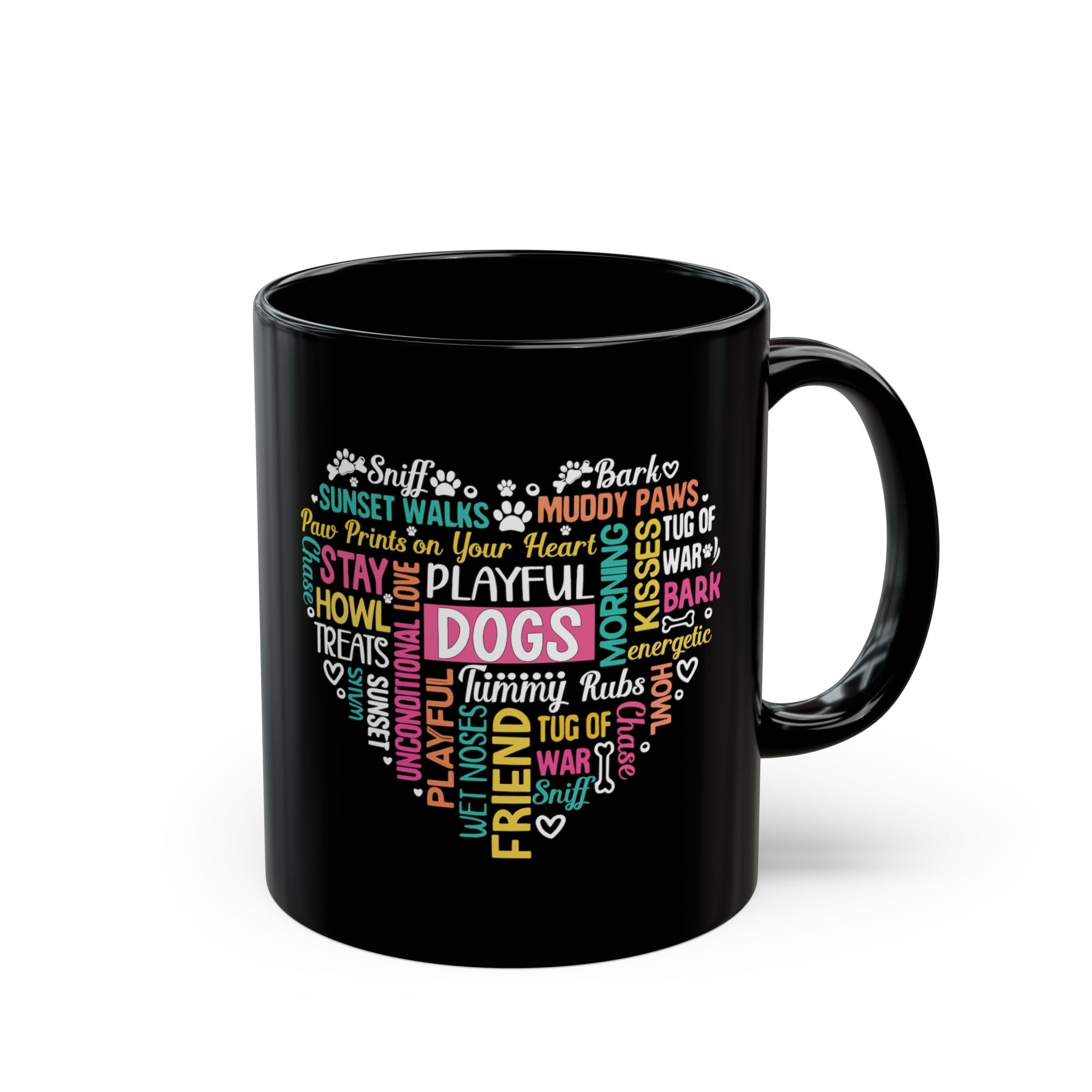 Dogs word heart black mug front view