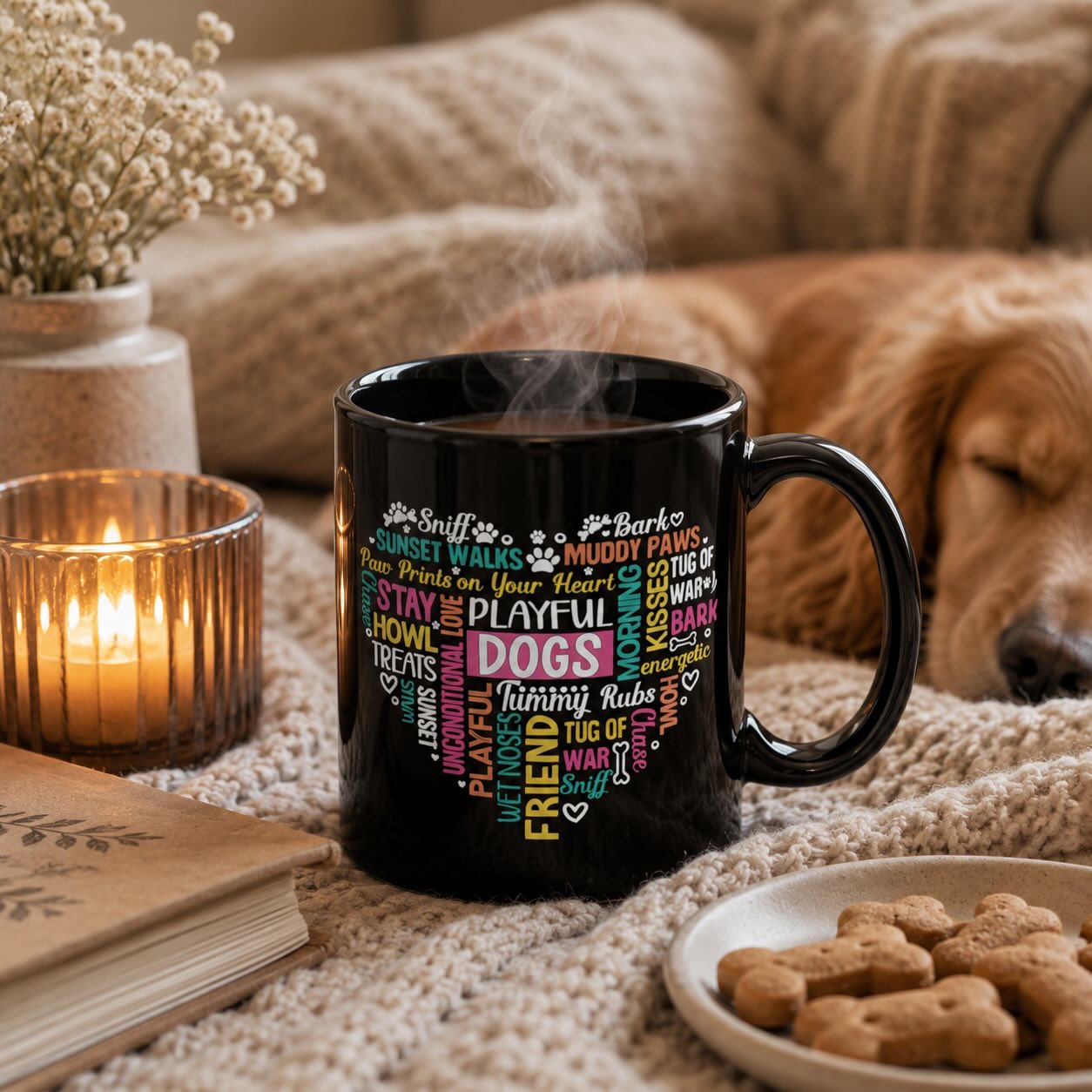 Dogs word heart black mug styled with candle, book, dried flowers, and a golden retriever resting nearby