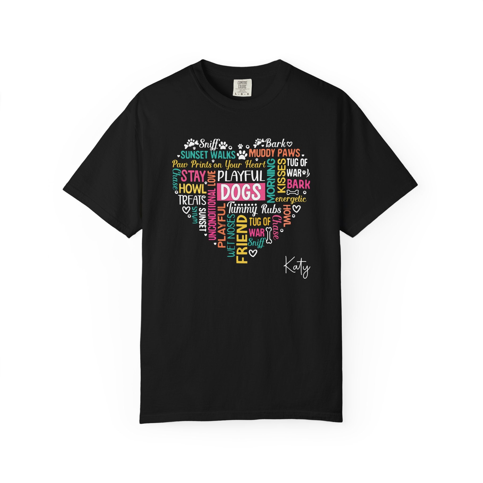 Dogs word heart custom name T-shirt - back view of black garment-dyed tee