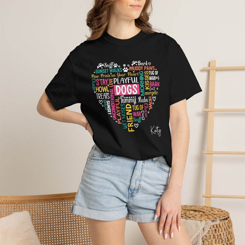 Woman wearing personalised Dogs word heart T-shirt - standing lifestyle photo