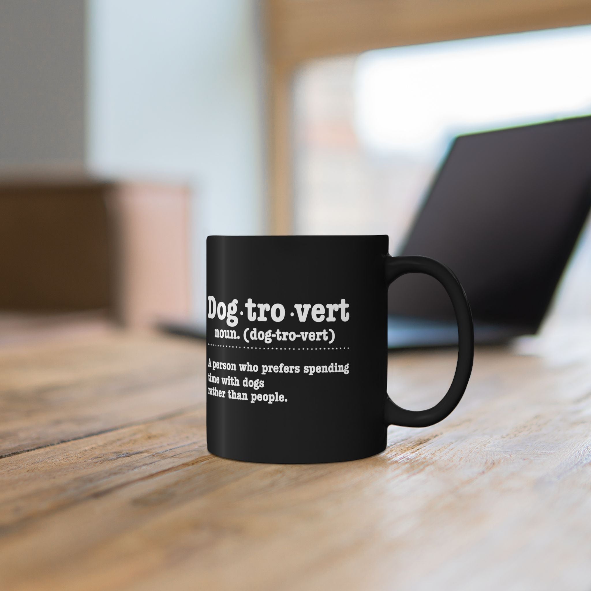 Dogtrovert definition design detail on black mug