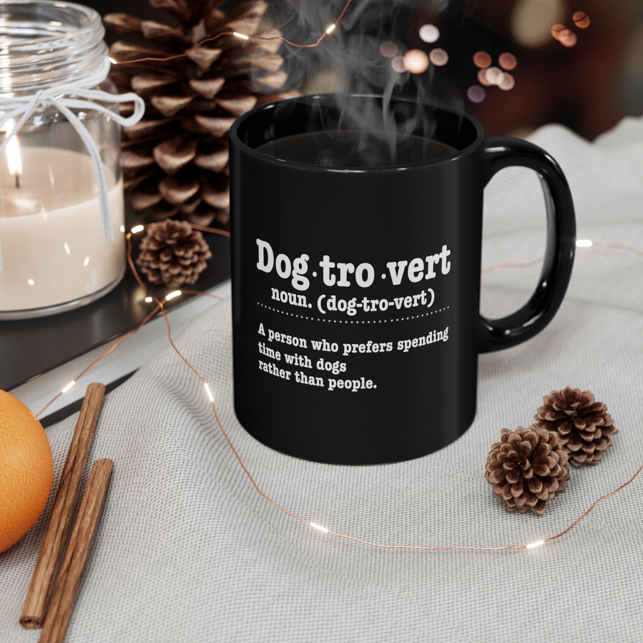 Dogtrovert black mug cosy lifestyle photo