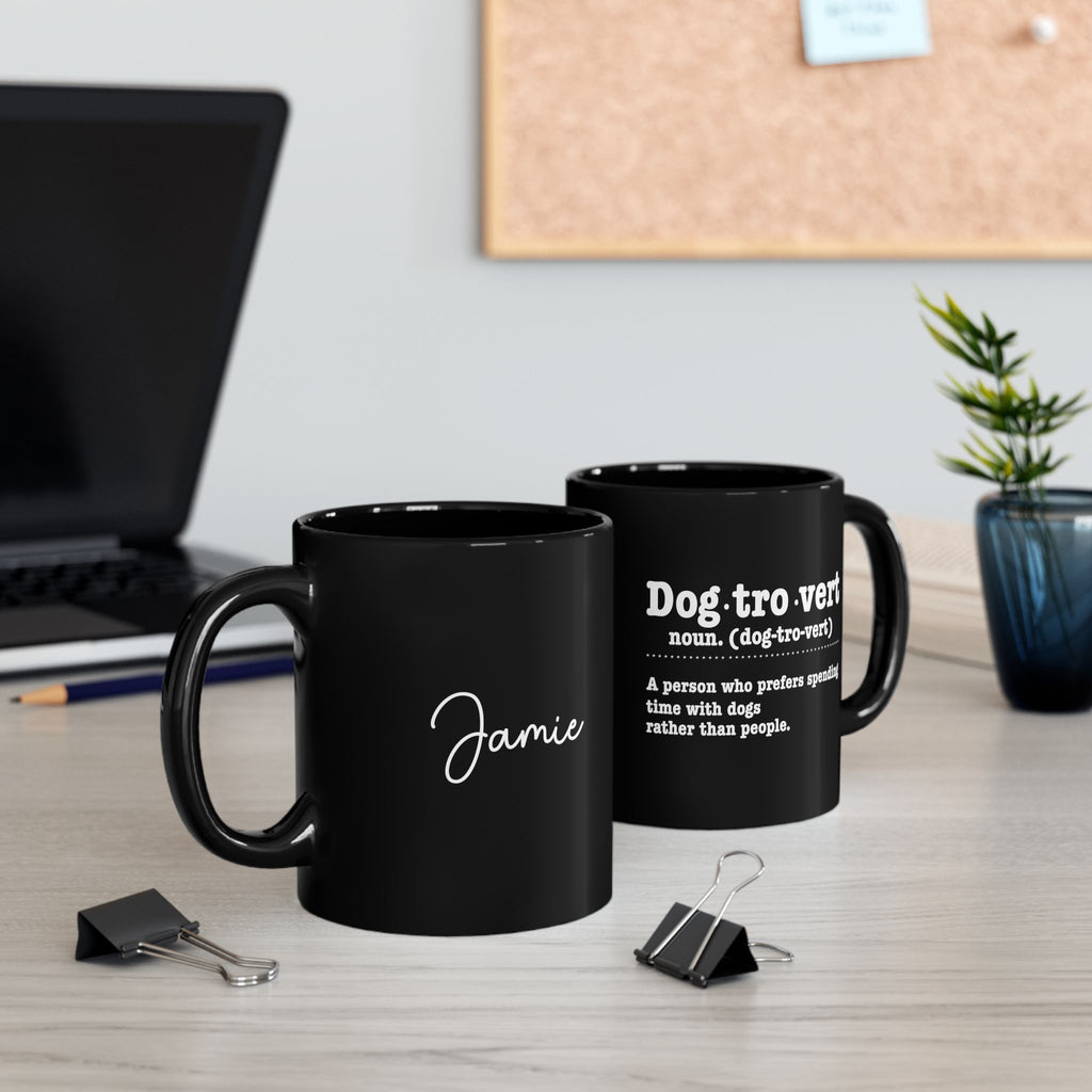 Dogtrovert black mug on desk lifestyle photo