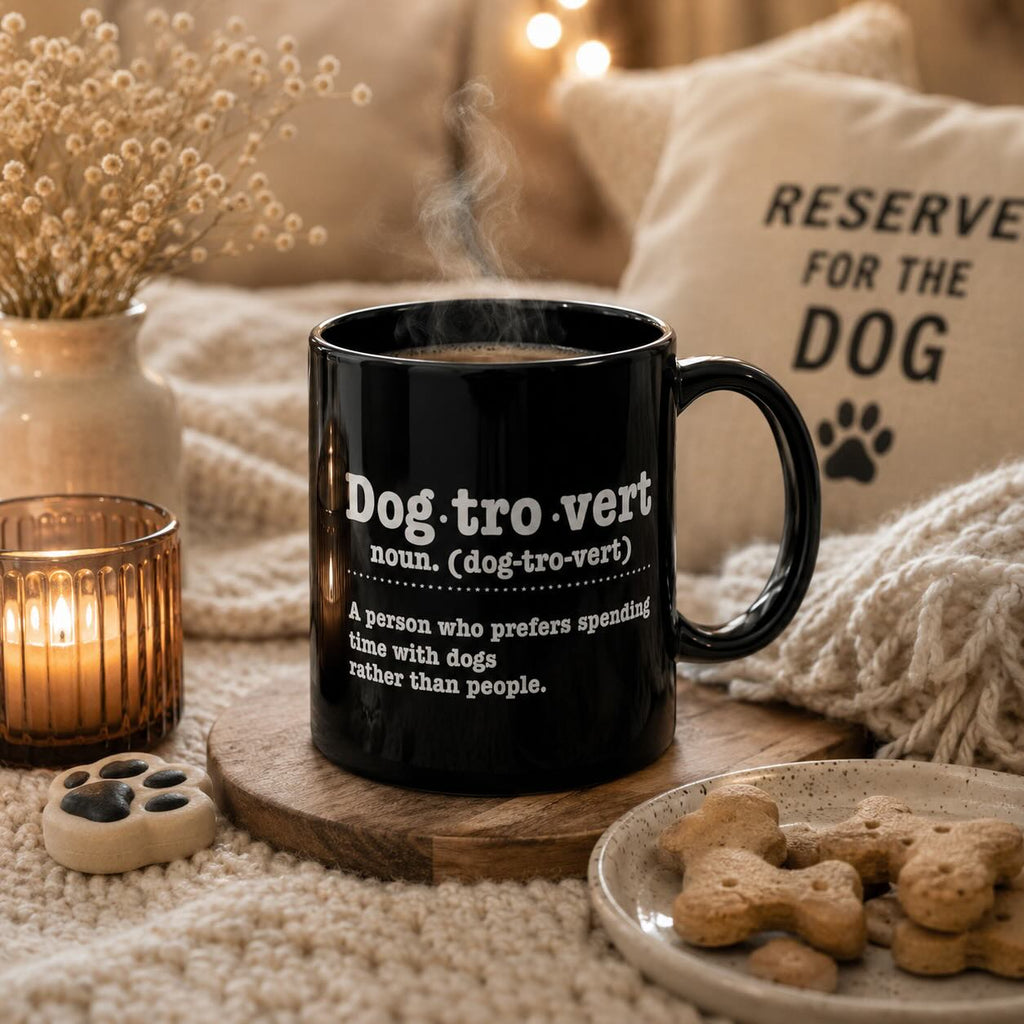 Dogtrovert definition black mug styled with candle, dried flowers, dog treats, and Reserved for the Dog pillow