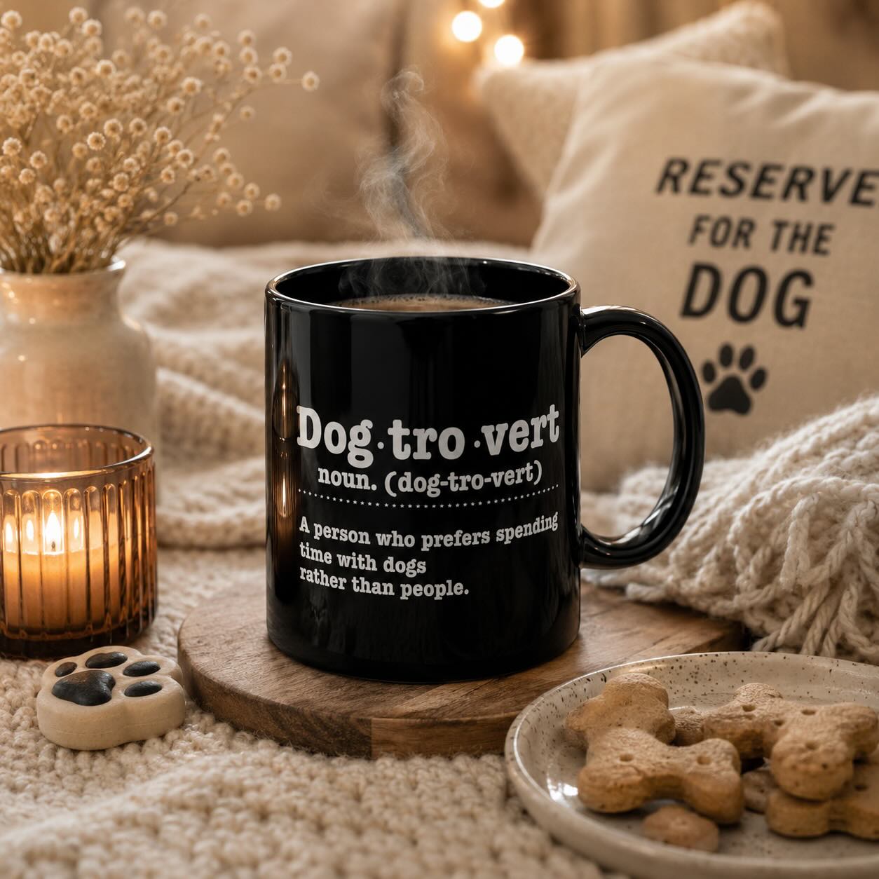 Dogtrovert definition black mug styled with candle, dried flowers, dog treats, and Reserved for the Dog pillow