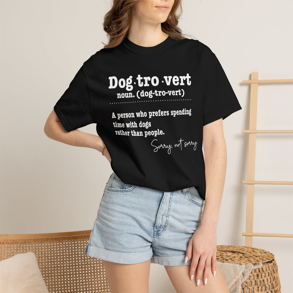 Woman wearing Dogtrovert T-shirt - lifestyle photo
