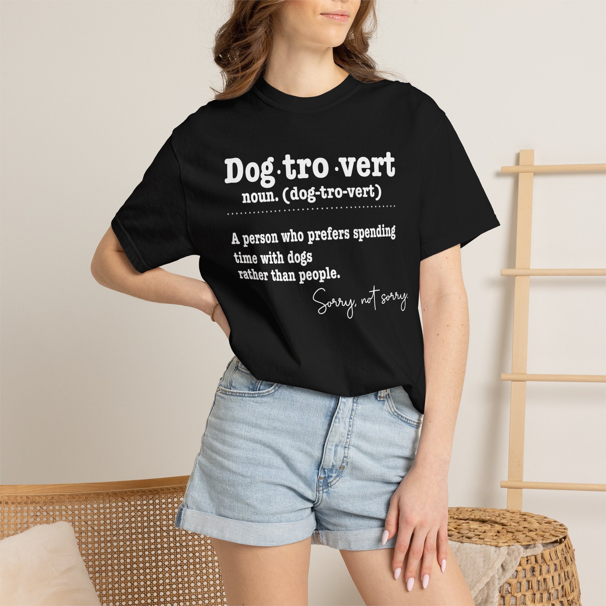 Woman wearing Dogtrovert T-shirt - lifestyle photo