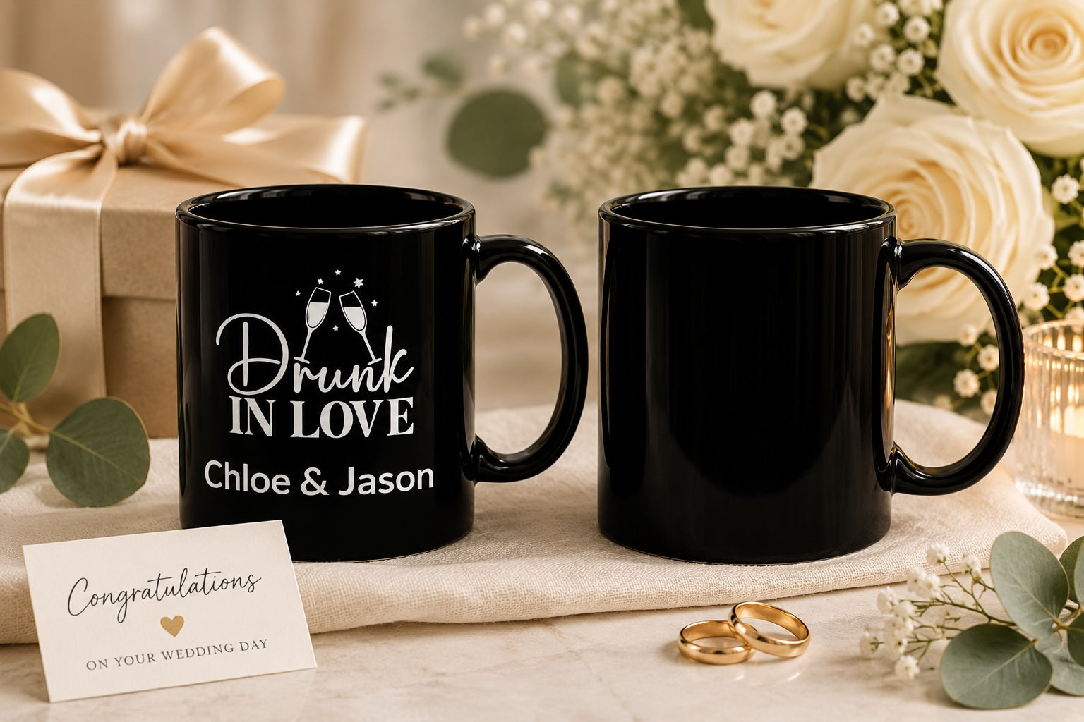 Close-up of champagne glasses design and couple names on black mug