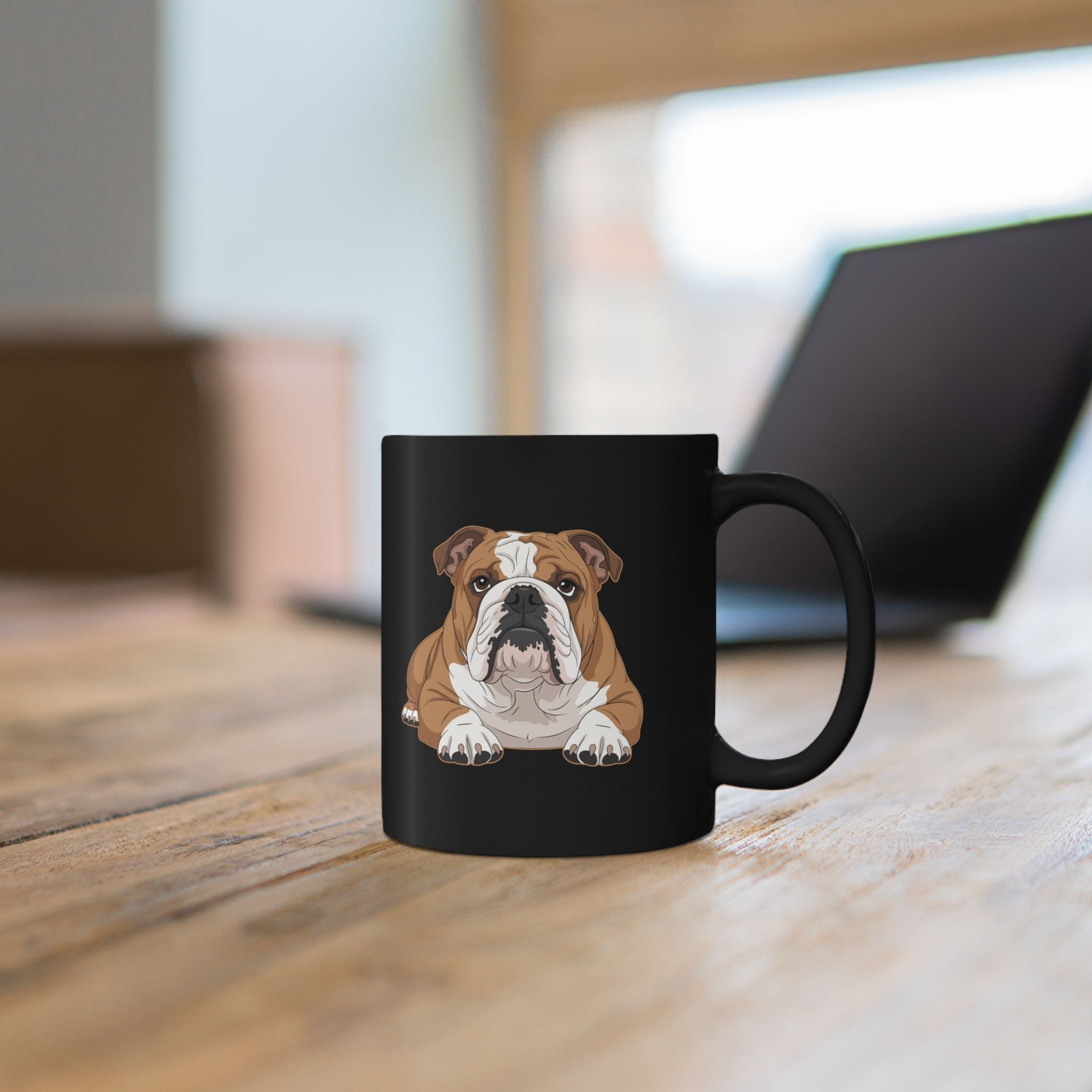 Close-up of English Bulldog illustration on personalised black ceramic mug