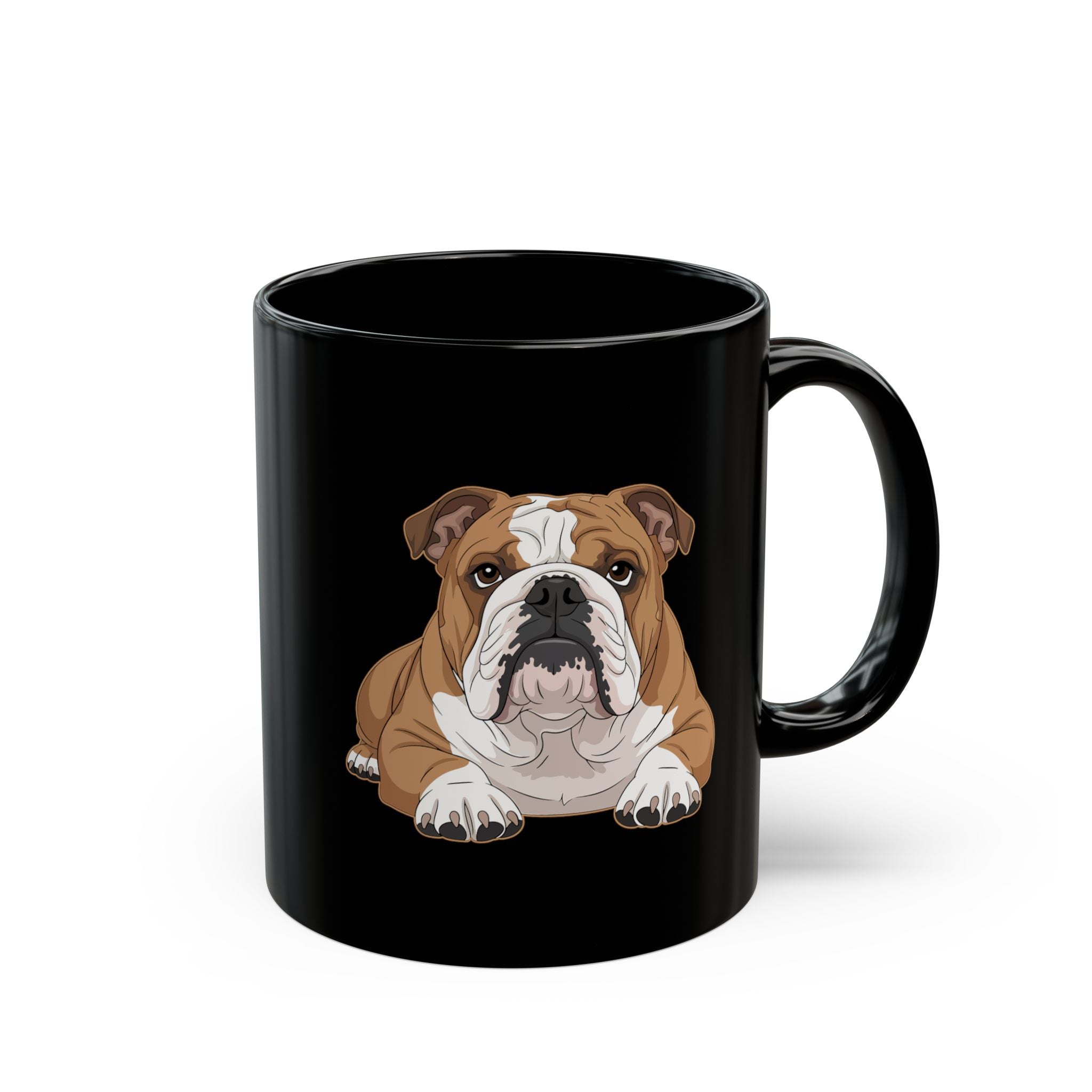 Personalised English Bulldog black ceramic mug with custom name - illustrated Bulldog front view