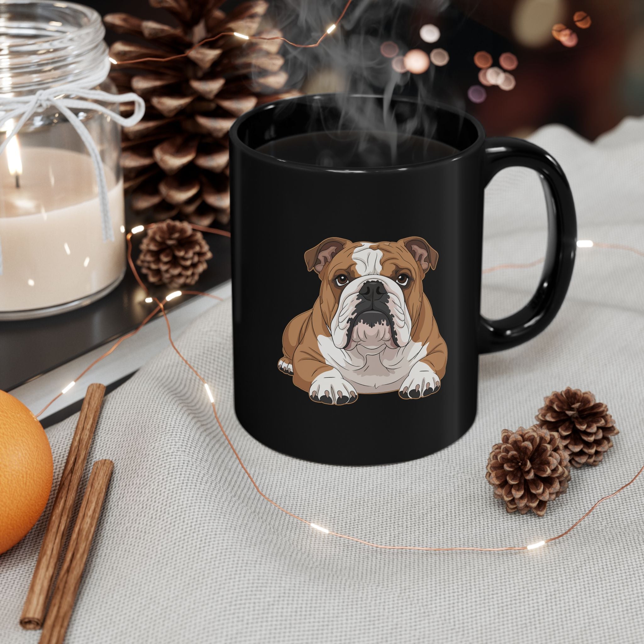 English Bulldog custom name black mug in cosy setting - lifestyle photo