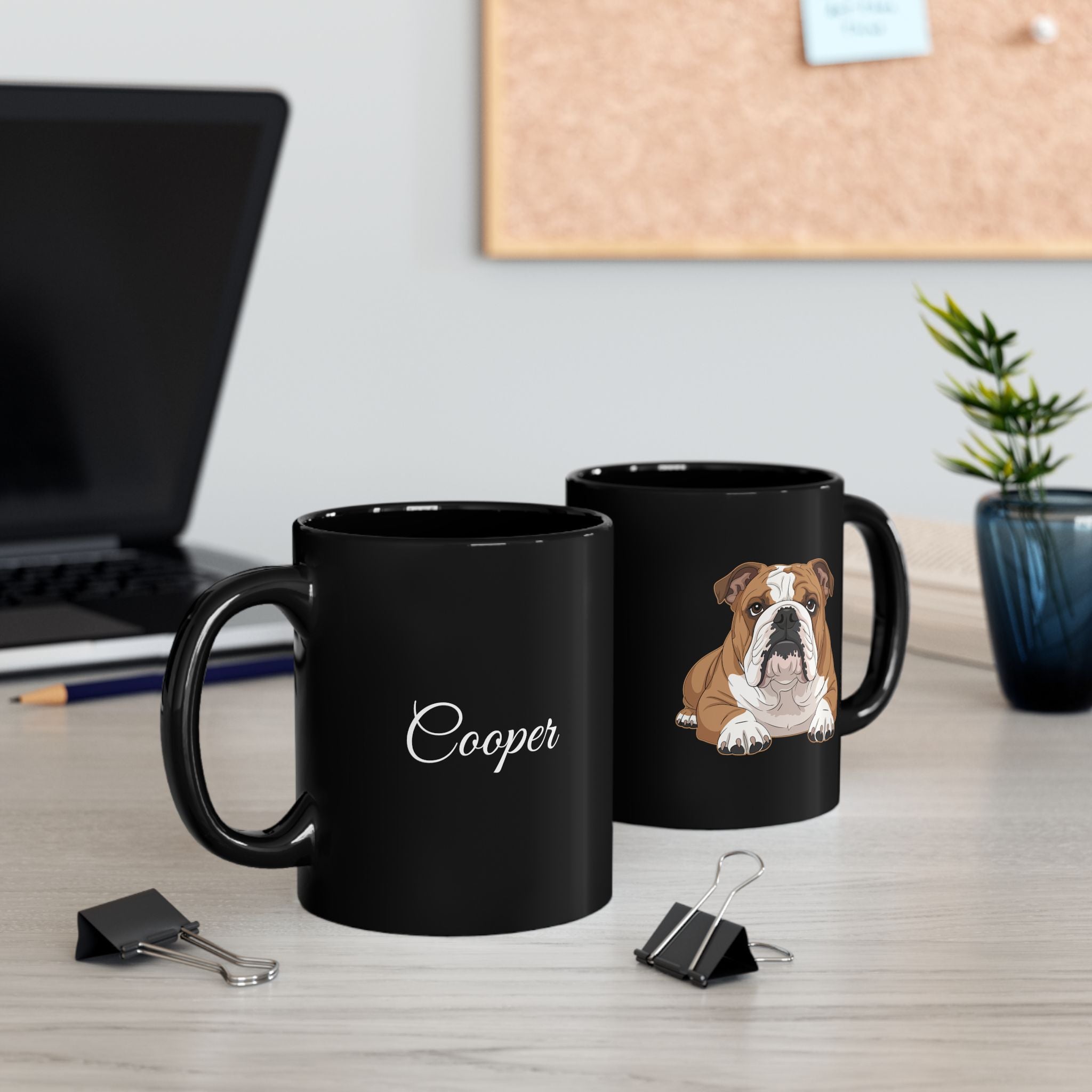 Personalised English Bulldog black mug on desk - lifestyle photo